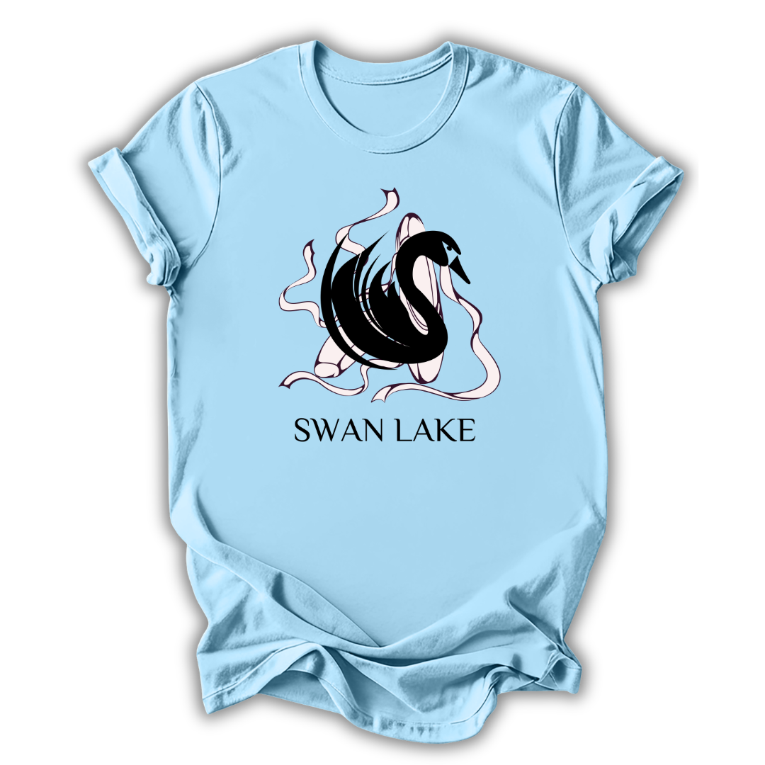 Light blue t-shirt with 'Swan Lake' graphic design on a white background