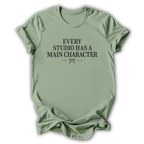 Sage green t-shirt with black text on a white background