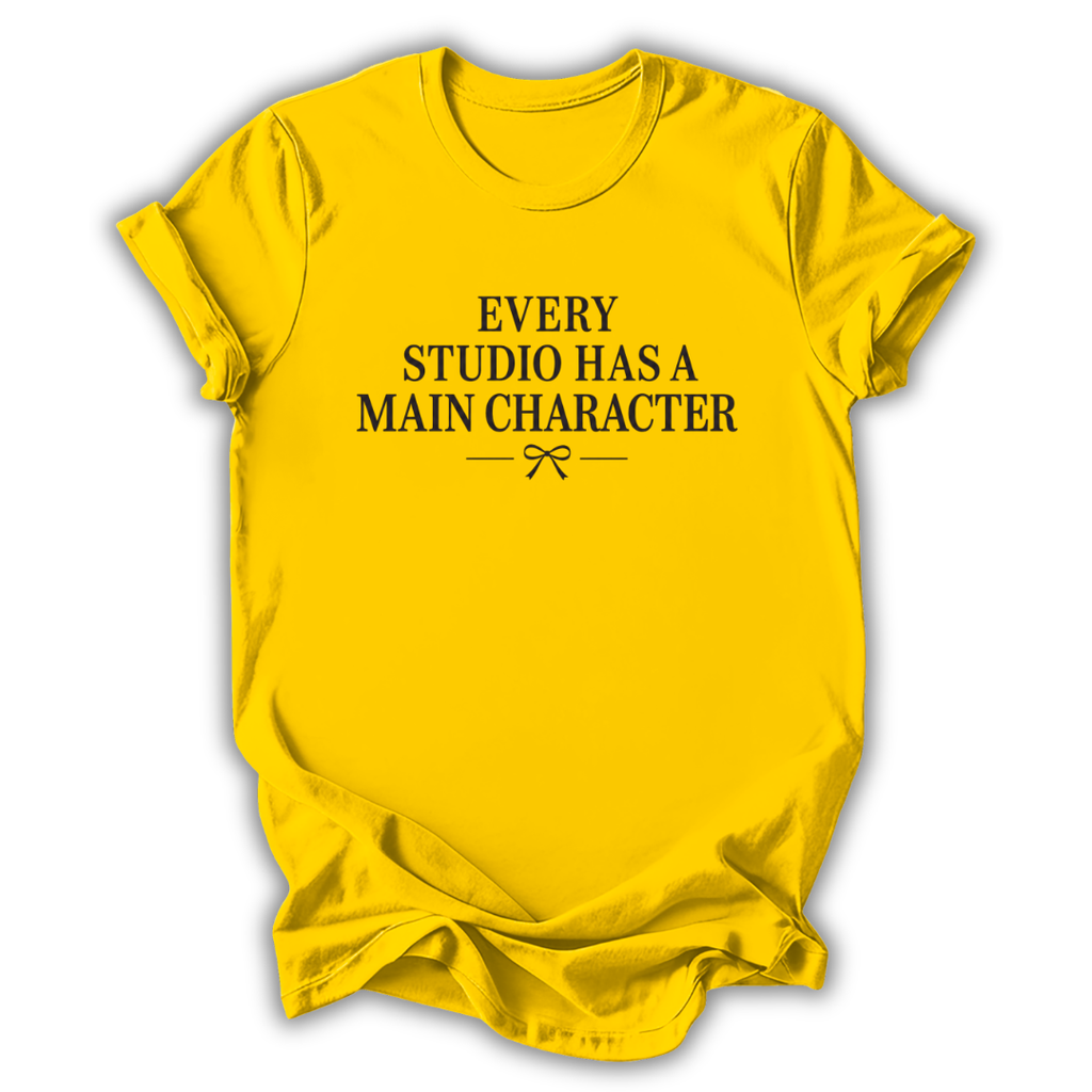 Yellow t-shirt with black text on a white background