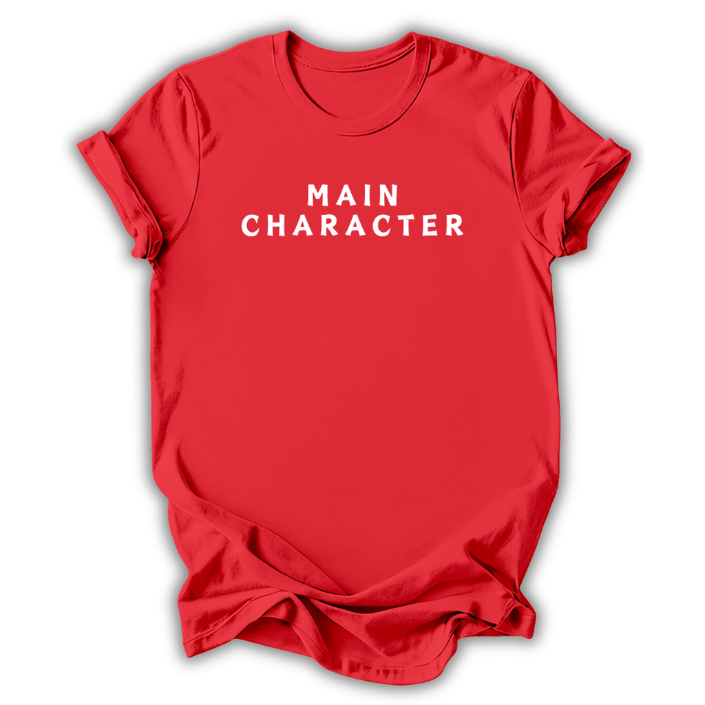 Red t-shirt with 'MAIN CHARACTER' text on a white background