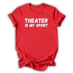 Red t-shirt with white text on a white background