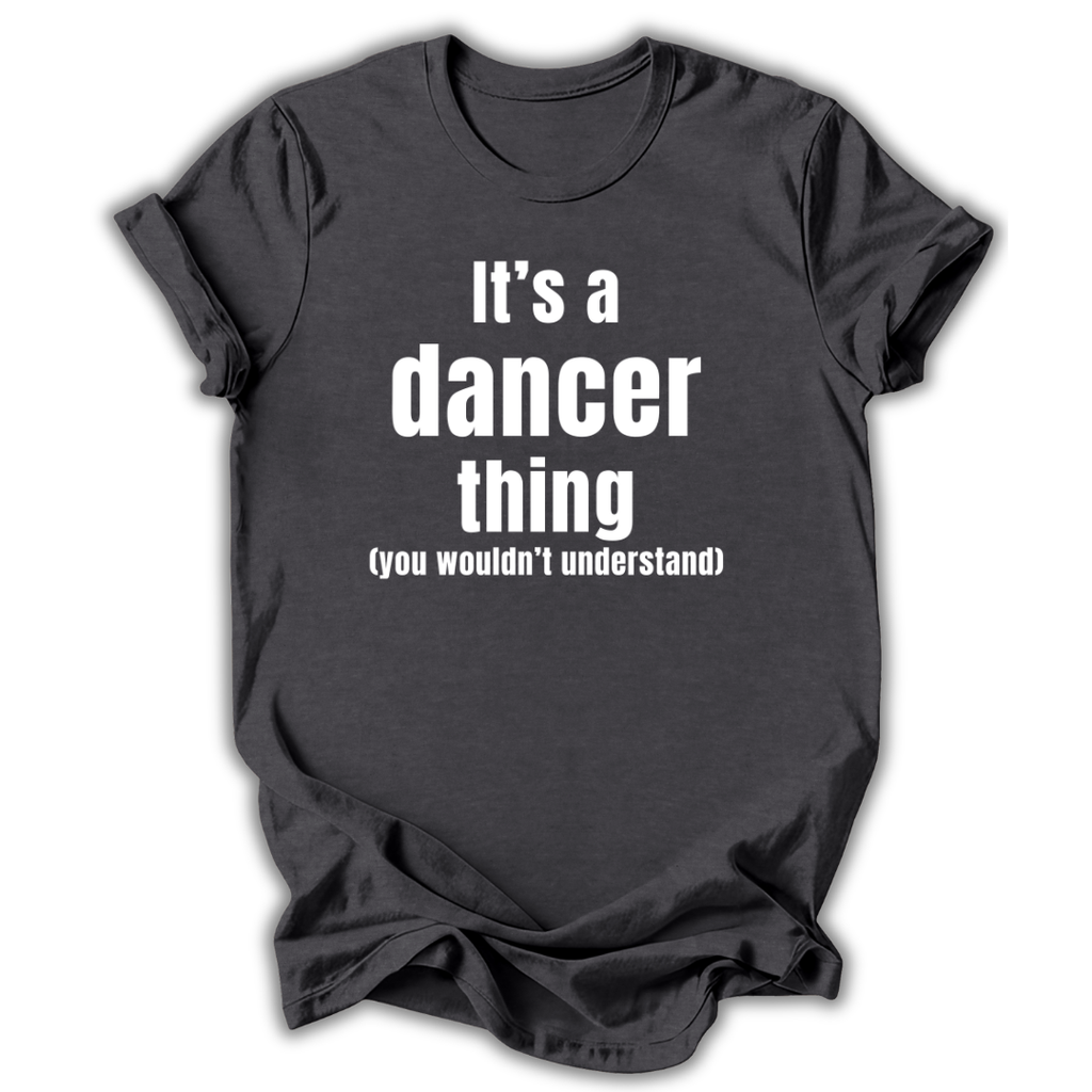 Dark gray t-shirt with a graphic of a swimsuit and text on a white background
