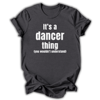 Dark gray t-shirt with a graphic of a swimsuit and text on a white background