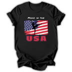 Black t-shirt with American flag and 'Made in the USA' text on a white background