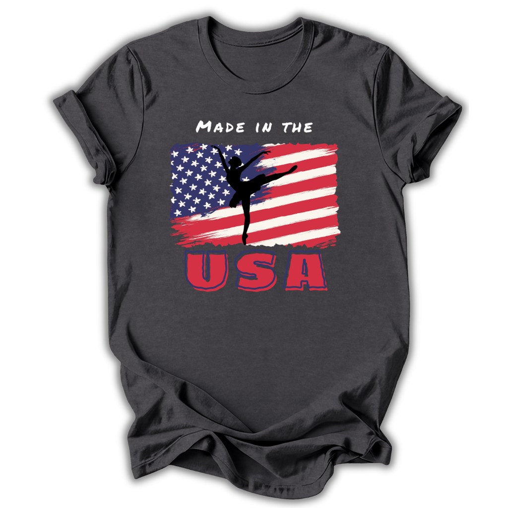 Gray t-shirt with American flag and 'Made in the USA' text on a white background
