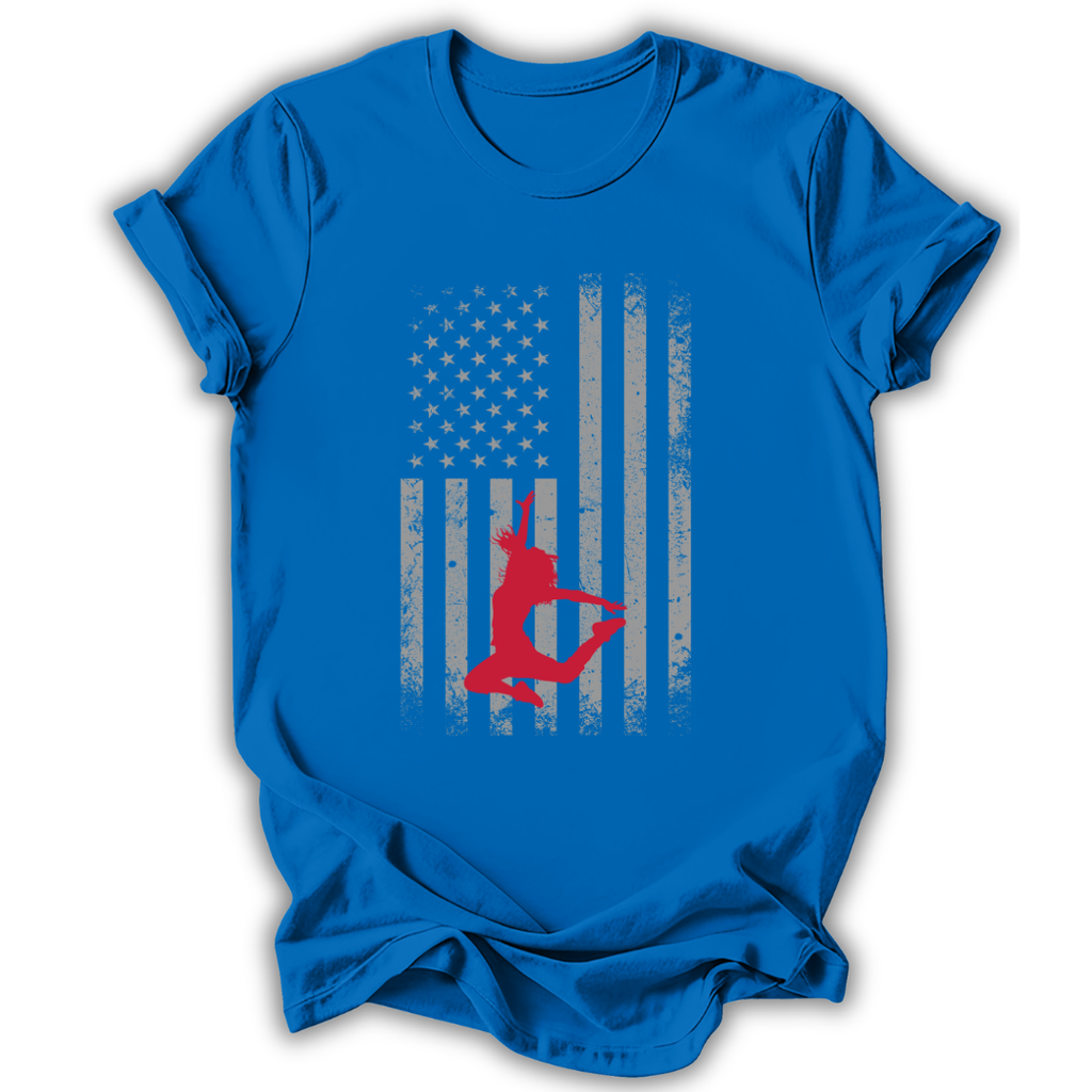 Blue t-shirt with a graphic design of a flag and a red dancer silhouette on a white background