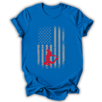 Blue t-shirt with a graphic design of a flag and a red dancer silhouette on a white background
