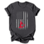 Dark gray t-shirt with American flag design and red dancer silhouette of a dancer.