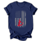 Navy blue t-shirt with American flag graphic and red silhouette of a dancer.