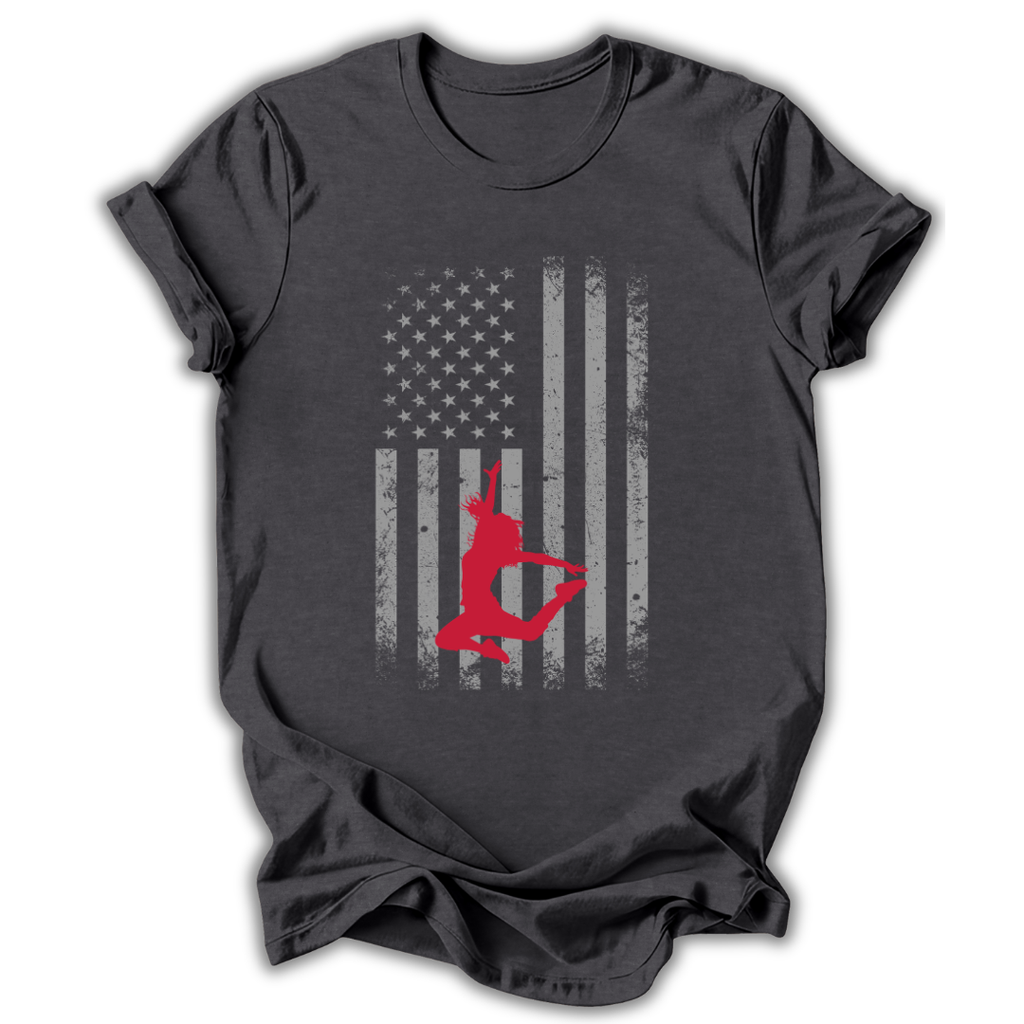 Dark gray t-shirt with American flag design and red silhouette of a dancer.