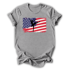 Gray t-shirt with American flag and ballerina silhouette design on a white background