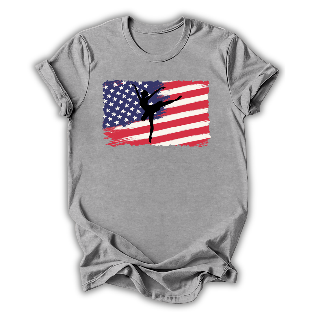 Gray t-shirt with American flag and ballerina silhouette design on a white background