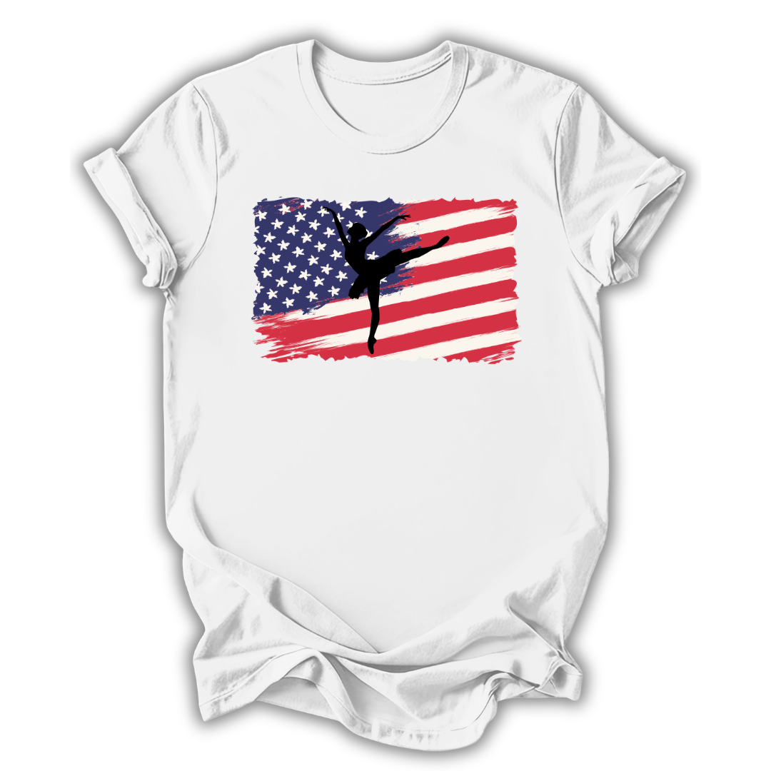 White t-shirt with American flag and ballerina silhouette design on a white background