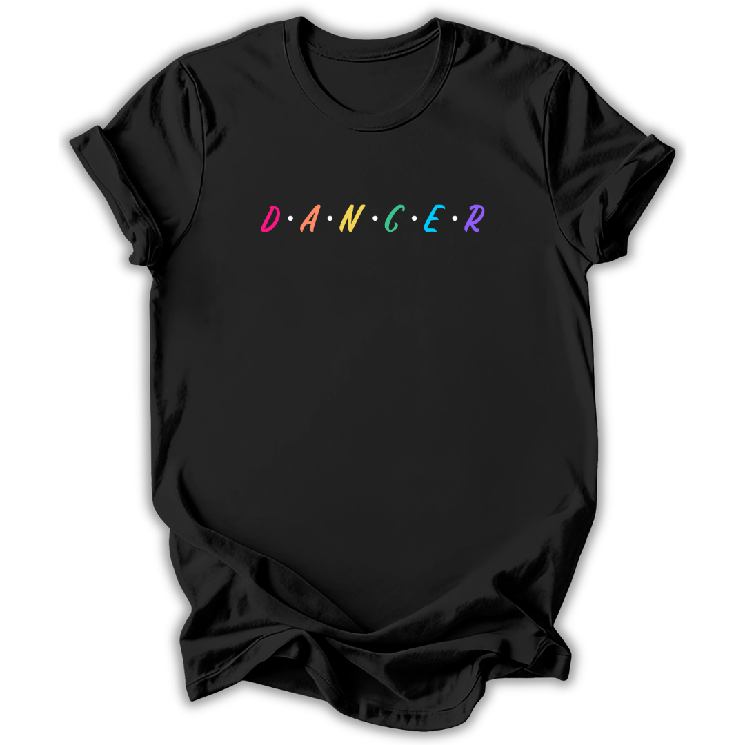 Black t-shirt with red and white dancer text on a white background