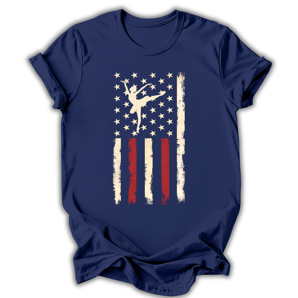 Navy blue t-shirt with a graphic of a dancer in the center of an American flag design on a white background.