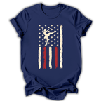Navy blue t-shirt with a graphic of a dancer in the center of an American flag design on a white background.