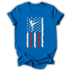 Blue t-shirt with a graphic of a dancer and stars and stripes design on a white background