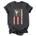 Navy blue t-shirt with a graphic of a dancer in the center of an American flag design on a white background.
