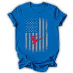 Blue t-shirt with American flag design featuring a dancer, on a white background