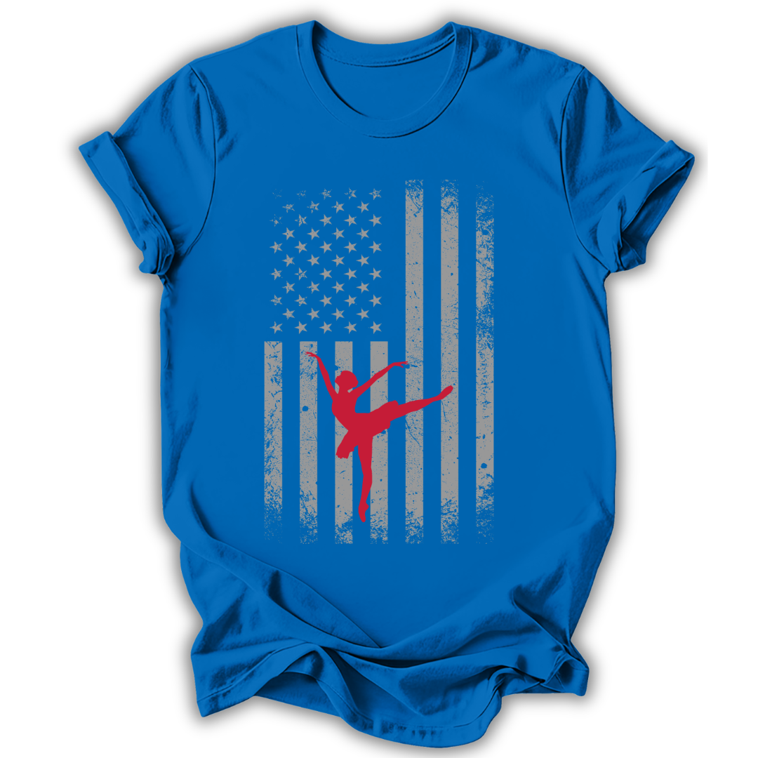 Blue t-shirt with American flag design featuring a dancer, on a white background