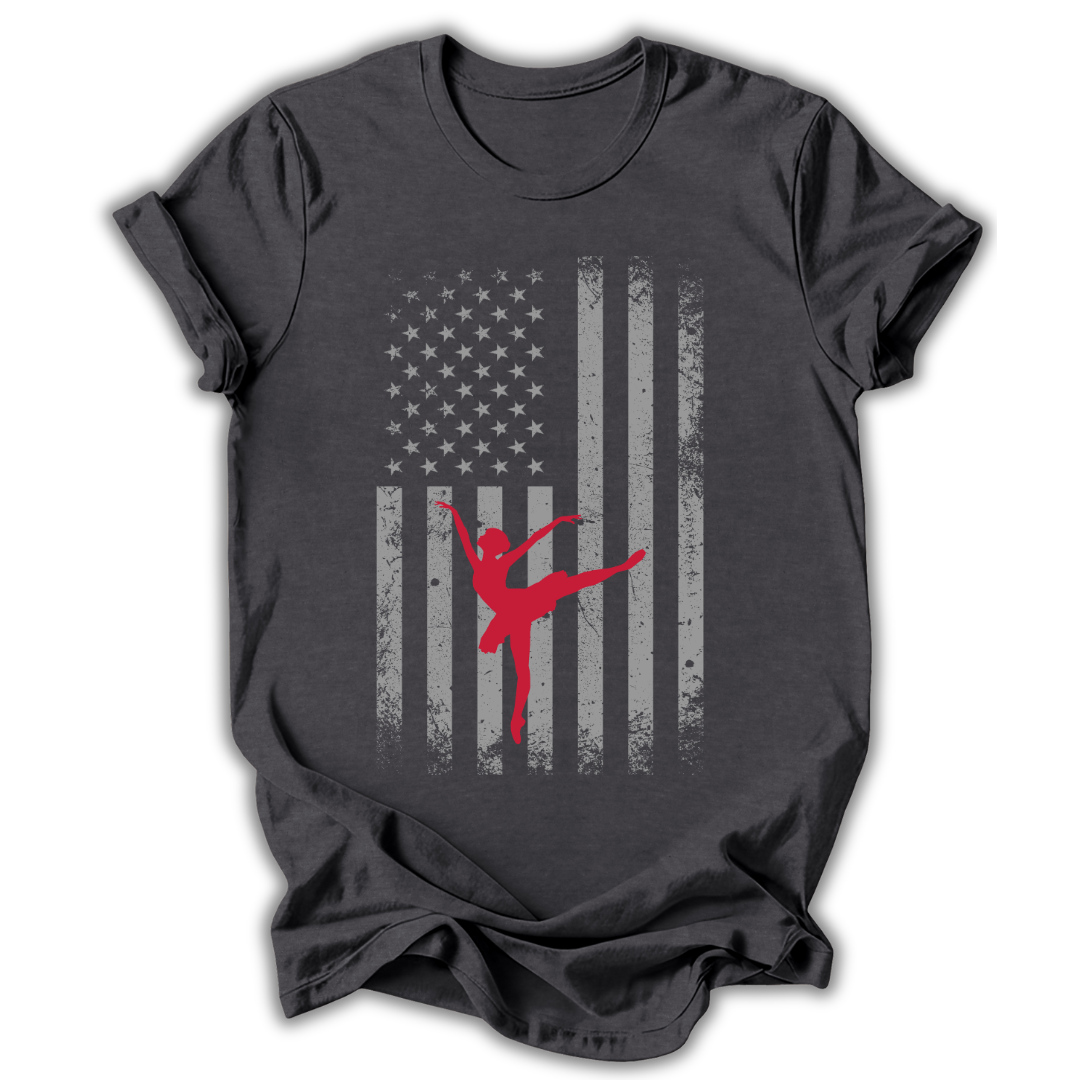 Dark gray t-shirt with American flag design featuring a red dancer silhouette on a white background