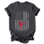 Dark gray t-shirt with American flag design featuring a red dancer silhouette on a white background