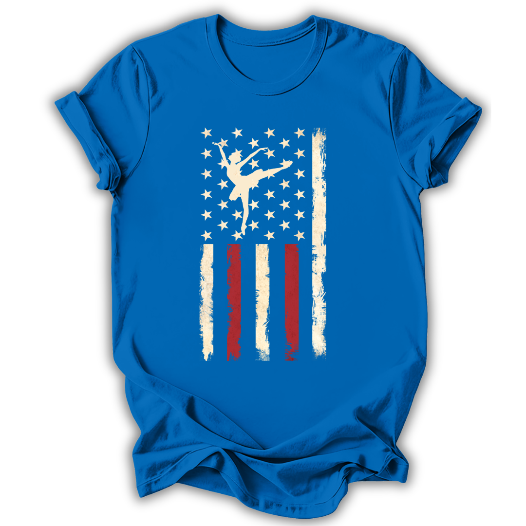 Blue t-shirt with a graphic of a dancer and stars and stripes design on a white background
