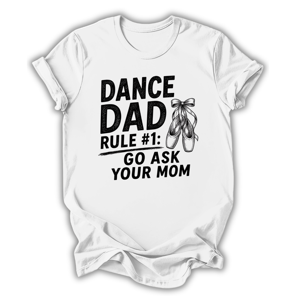 White t-shirt with black text and ballet shoes graphic on a white background
