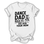 White t-shirt with black text and ballet shoes graphic on a white background