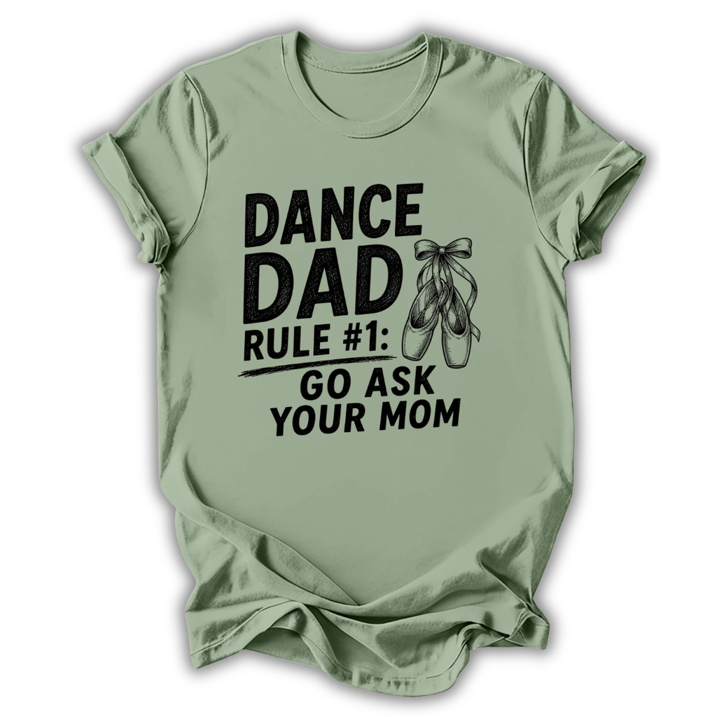 Light green t-shirt with black text and ballet shoes graphic on a white background