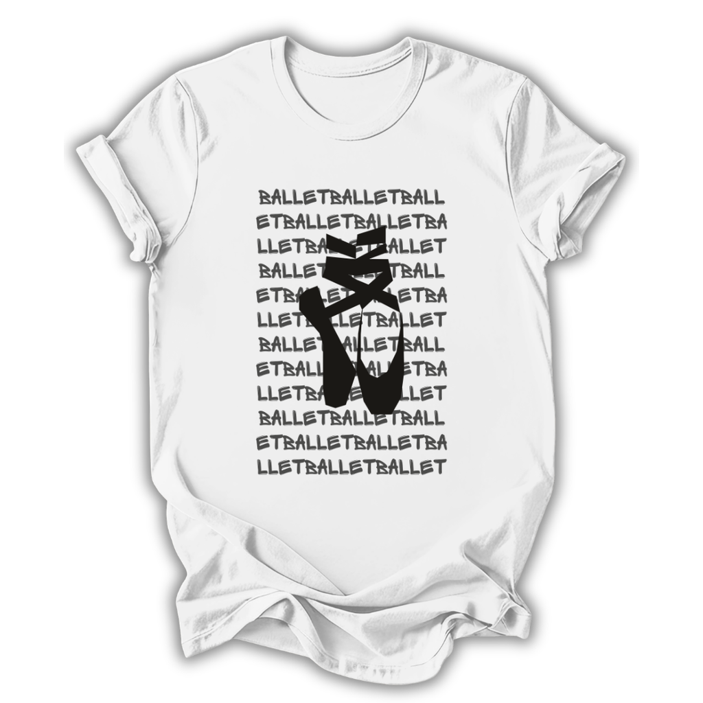 White t-shirt with black ballet-themed design on a white background