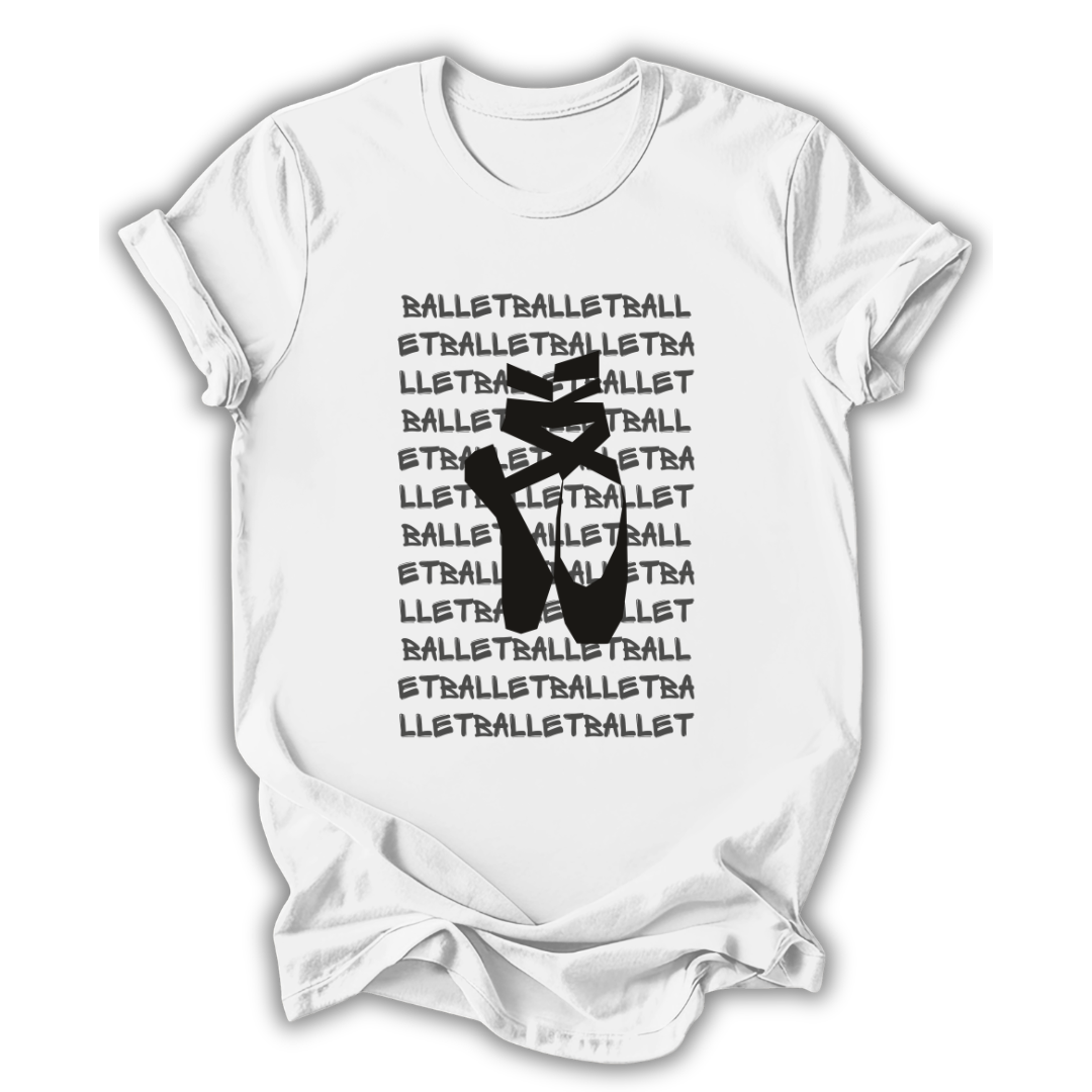 White t-shirt with black ballet-themed design on a white background