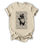 Beige t-shirt with black ballet-themed design on a white background