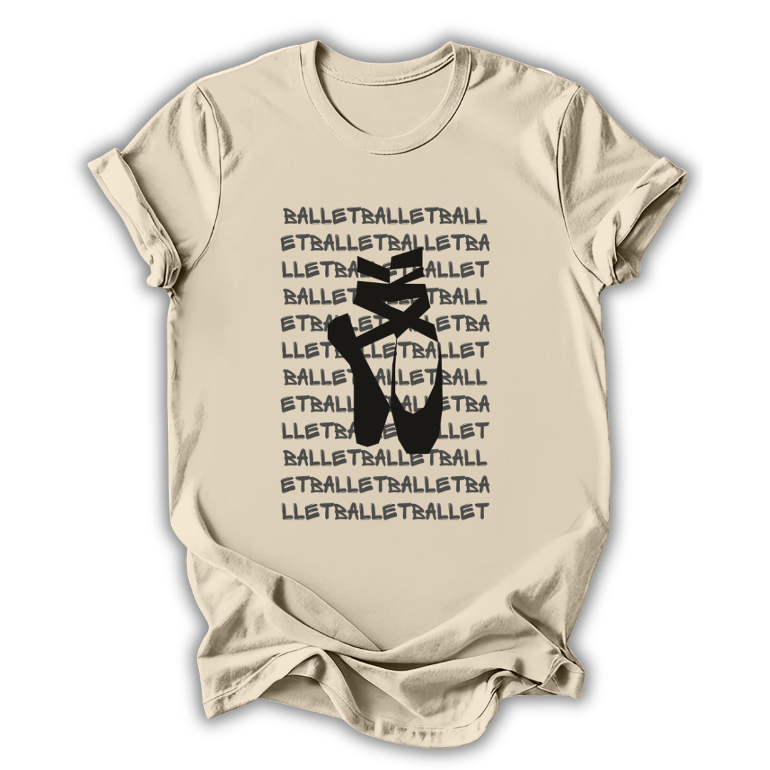 Beige t-shirt with black ballet-themed design on a white background