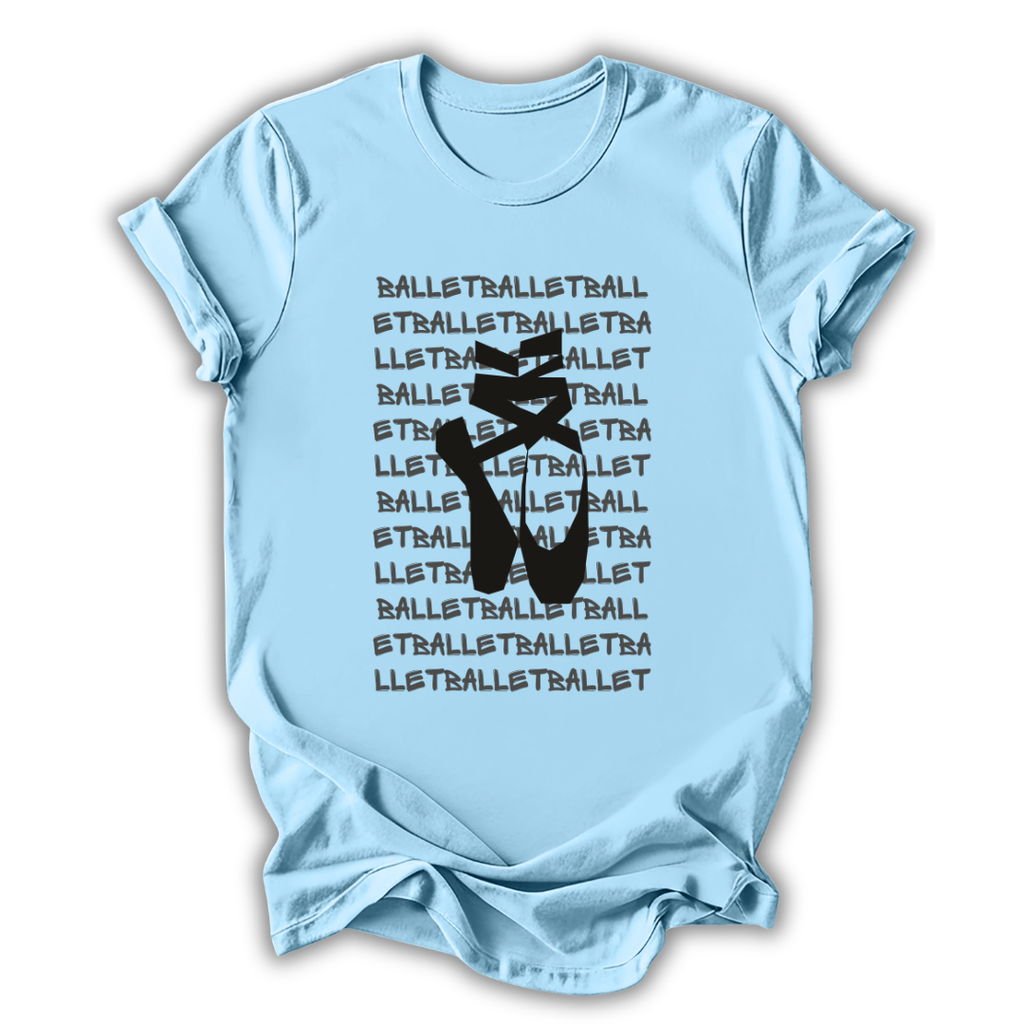 Light blue t-shirt with black ballet-themed design on a white background