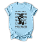 Light blue t-shirt with black ballet-themed design on a white background