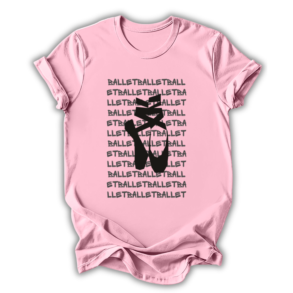 Pink t-shirt with black ballet-themed design on a white background