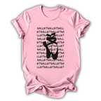 Pink t-shirt with black ballet-themed design on a white background