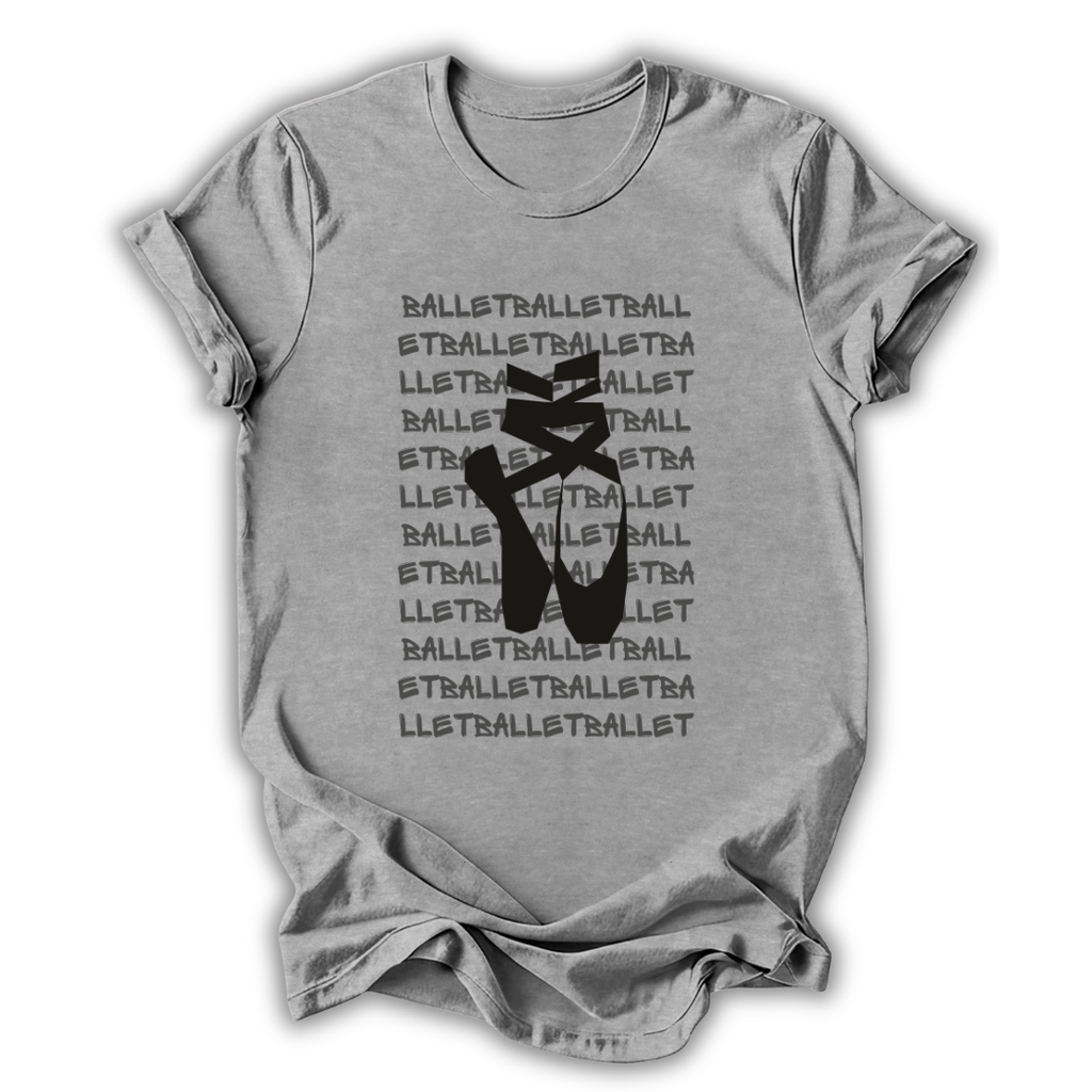 Gray t-shirt with black ballet slipper graphic and 'Ballet' text on a white background
