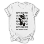 White t-shirt with black ballet-themed design on a white background