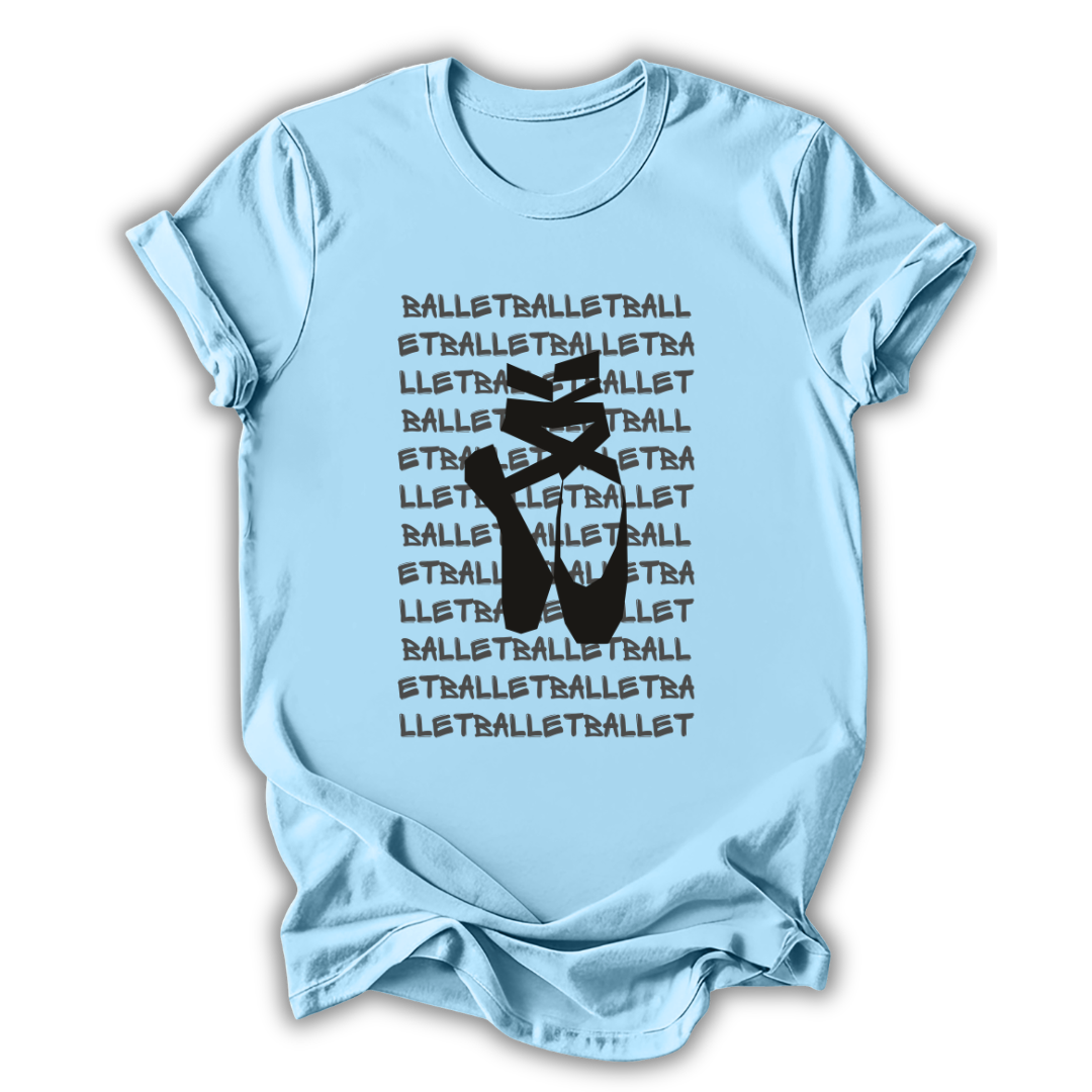 Light blue t-shirt with black ballet-themed design on a white background