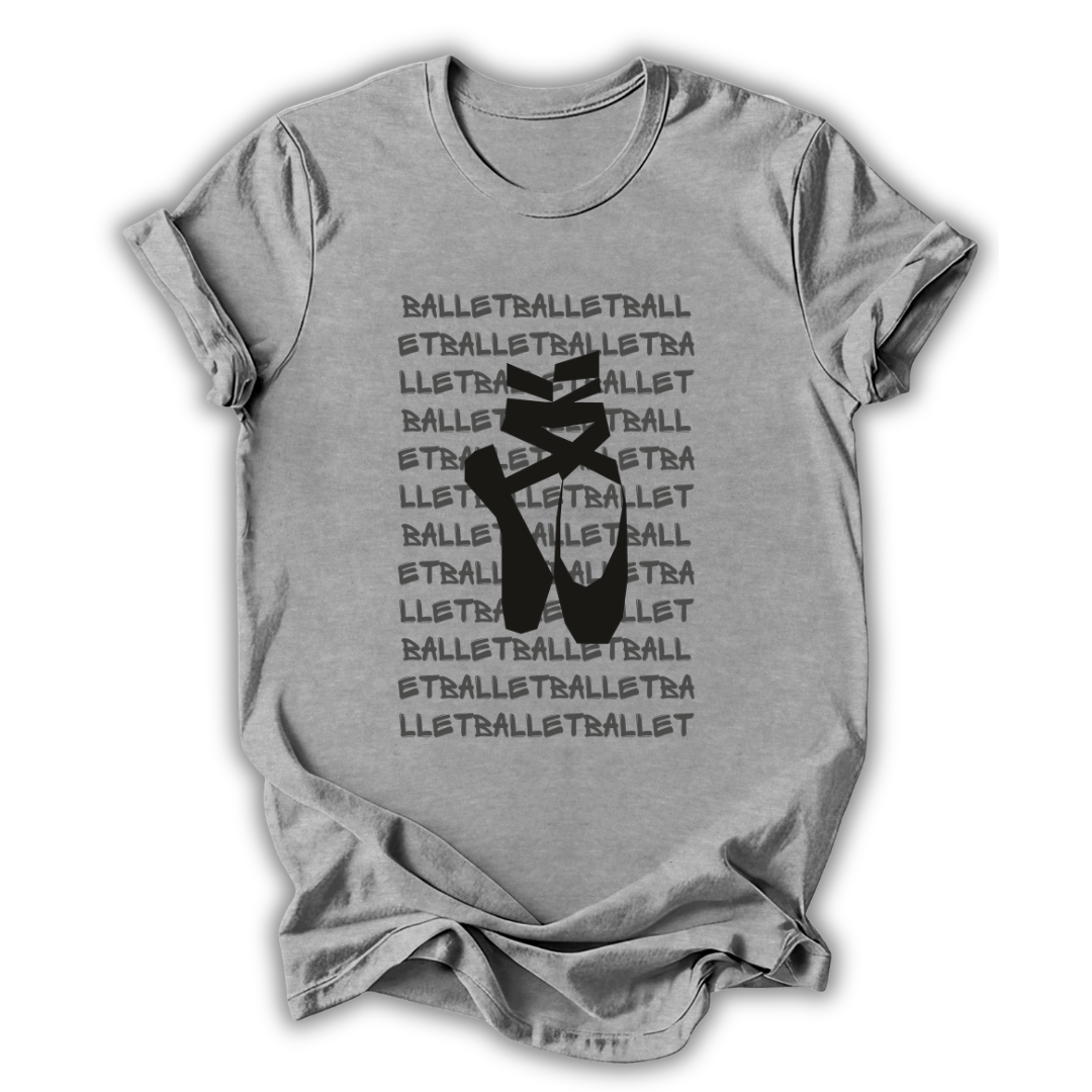 Gray t-shirt with black ballet slipper graphic and 'Ballet' text on a white background
