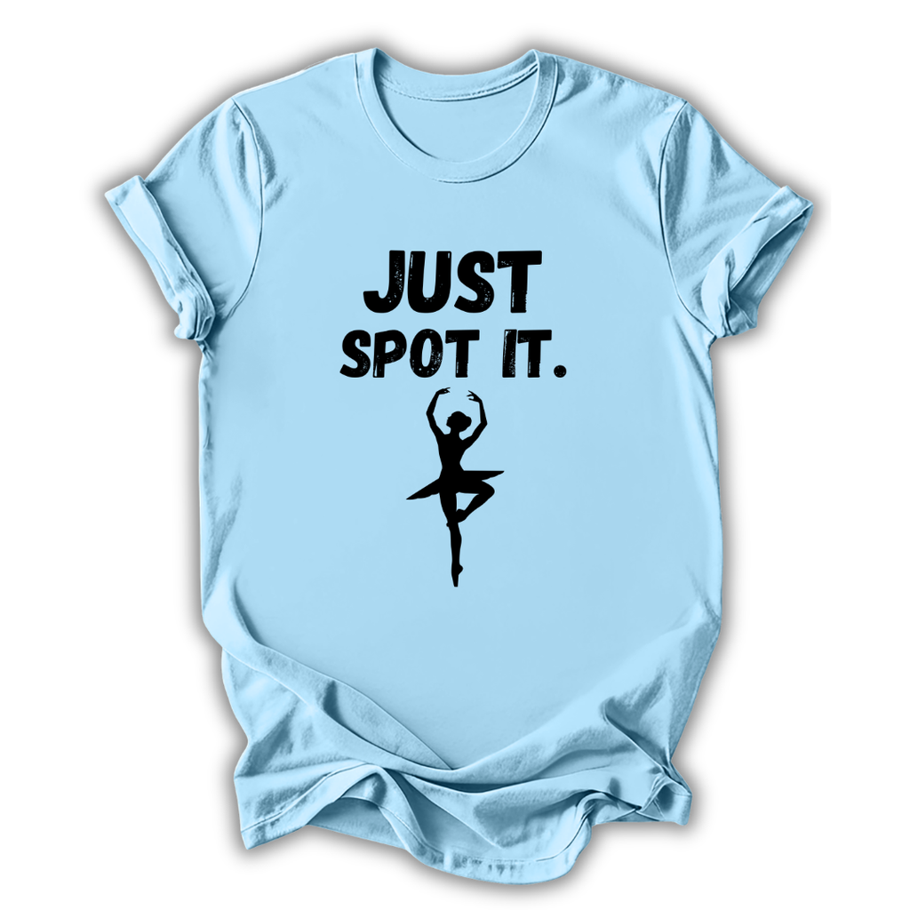 Light blue t-shirt with 'Just Spot It' text and dancer graphic on a white background