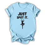 Light blue t-shirt with 'Just Spot It' text and dancer graphic on a white background