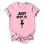 Pink t-shirt with 'Just Spot It' text and ballet dancer graphic on a white background