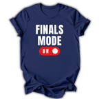 Navy blue t-shirt with 'FINALS MODE ON' text and graphic on a white background