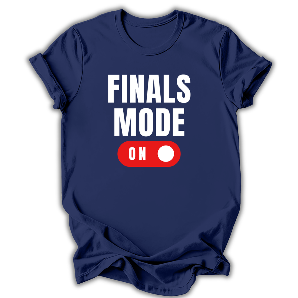 Navy blue t-shirt with 'FINALS MODE ON' text and graphic on a white background