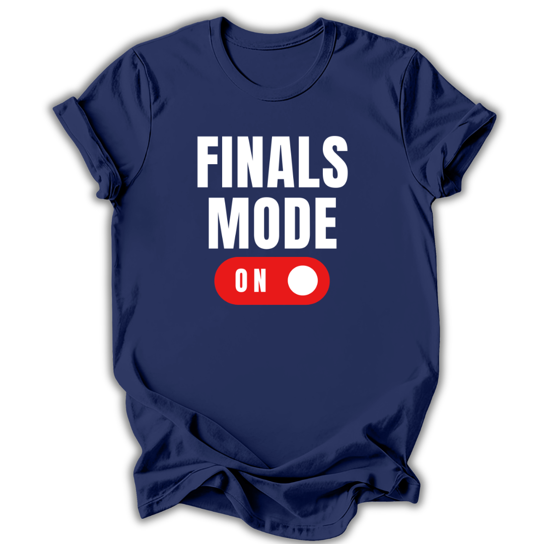Navy blue t-shirt with 'FINALS MODE ON' text and graphic on a white background