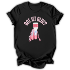 Black t-shirt with 'Got Jet Glue?' graphic design featuring a bottle and ballet shoes on a white background.