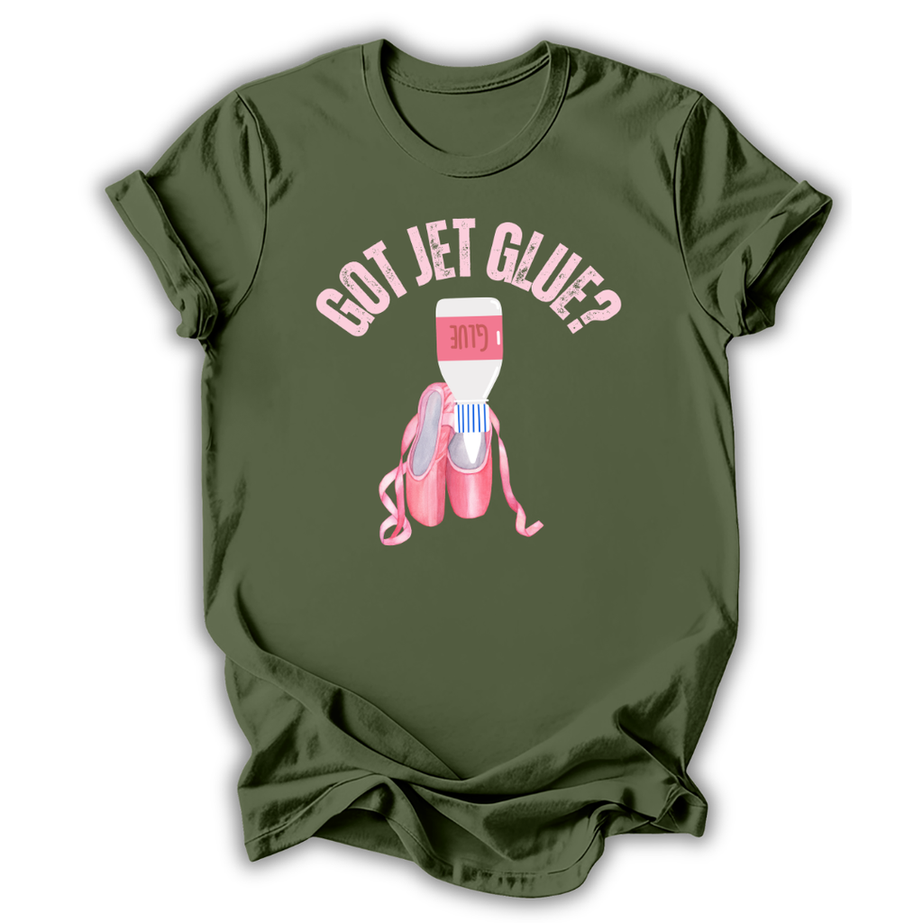 Green t-shirt with 'Got Jet Glue?' graphic design featuring a bottle and ballet shoes on a white background.